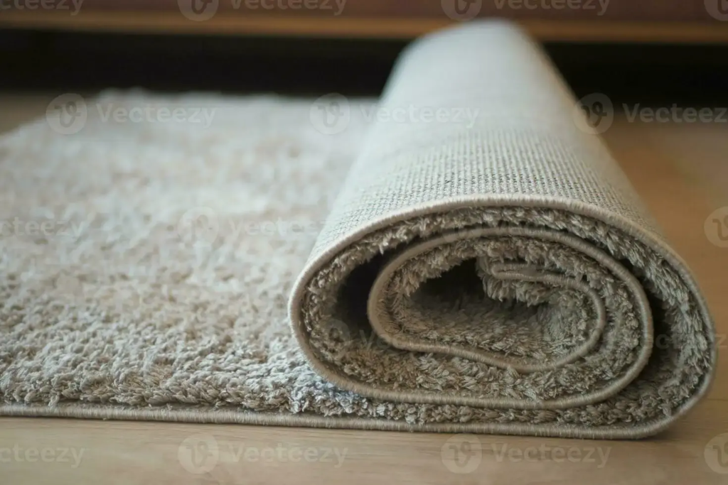 Close-up of a beige carpet partially rolled up on a wooden floor